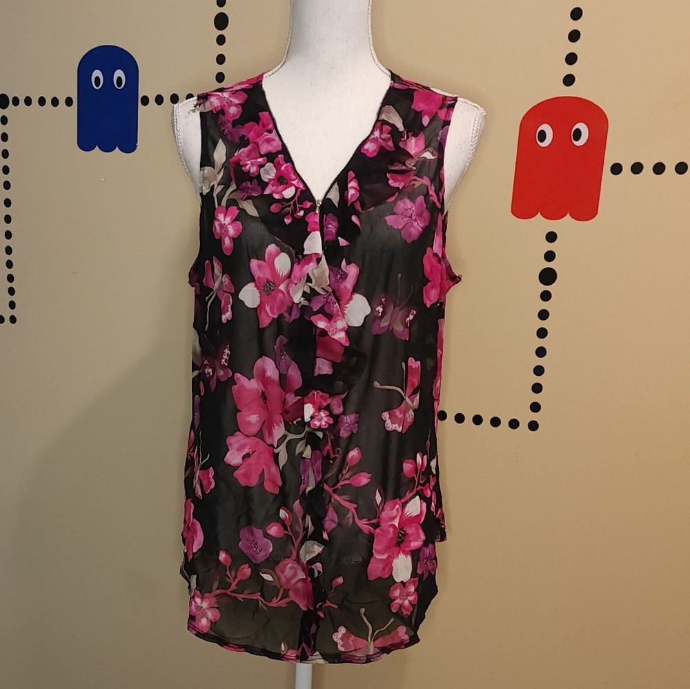 International Concepts Sheer Floral V-Neck Blouse W/zipper Black and Pink 2x